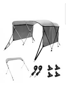 lot 18932 image: VEVOR 3 Bow Bimini Top Boat Cover, Detachable Mesh Sidewalls, 600D Polyester Canopy with 1 Aluminum Alloy Frame, Includes Storage Boot, 2 Support Poles, 2 Straps, 6L x 46H x 61-66W, Light Grey - Retail $133