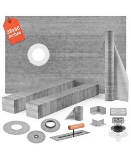 lot 18936 image: VEVOR Shower Curb Kit 38 x 60 Watertight Shower Curb Overlay with 4 PVC Offset Bonding Flange, 4 Stainless Steel Grate, 2 Cuttable Shower Curb and Trowel, Shower Pan Slope Sticks Fit for Bathroom - Retail $172