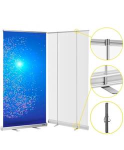 lot 18941 image: VEVOR Floor Standing Sneeze Guard, 48x80 Roll Up Banner Stand, Portable Pull-Out Standing Divider, Stand Roll Up Banner for Cafe, Office, Cashier, Store, Restaurant, Classroom and Receptionist - Retail $59