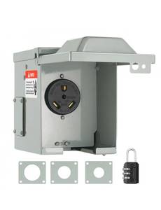 lot 19256 image: VEVOR 30 Amp RV Power Outlet Box, 125 Volt, Enclosed Lockable Outdoor RV Receptacle Box, NEMA TT-30R Weatherproof Electrical Panel, for RV Camper Trailer Motorhome, Tested to Standards - Retail $34