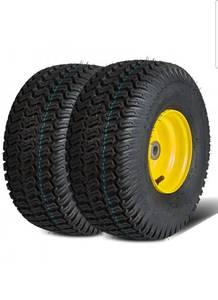 lot 19257 image: VEVOR Lawn Mower Tires with Rim, 15x6-6 Tubeless Tractor Tires, 2-Pack Tire and Wheel Assembly, S-Turf Pneumatic Tires, 3 Offset Hub, 34 Bushing Size, 16 PCS Adapters for Riding Mower Lawn Tractor - Retail $79