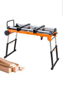 lot 19267 image: VEVOR Miter Saw Stand, 42in Collapsible Rolling Miter Saw Stand with Onboard Outlets, 5-in-1 Detachable Miter Saw Stand, Height Adjustable, 330lbs Load Capacity for ScaffoldDollyCreeperPlatform - Retail $61