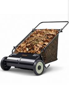 lot 19271 image: VEVOR Push Lawn Sweeper, 26-inch Leaf & Grass Collector, Strong Rubber Wheels & Heavy Duty Thickened Steel, Durable to Use with Large Capacity 7 cu. ft. Mesh Collection Hopper Bag, 4 Spinning Brushes - Retail $116