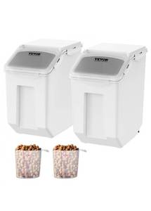 lot 19282 image: VEVOR Ingredient Storage Bin, 2 x 15L Dispenser Bin with 2 Measuring Cups, Attachable Casters and Airtight Lid, 2 PcsSet Dog Pet Food Storage Container, PP Material Kitchen Rice Cereal Flour Bin - Retail $0