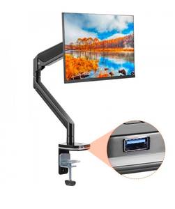 lot 19283 image: VEVOR Single Monitor Mount with USB, Supports 13-35 Screen, Adjustable Gas Spring Monitor Arm, Holds up to 26.4 lbs, Monitor Arm Desk Mount with C-ClampGrommet Mounting Base, VESA Mount 75100mm - Retail $49