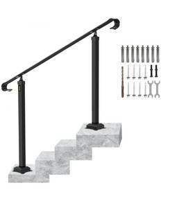 lot 19284 image: VEVOR Wrought Iron Handrail, Fit 3 to 5 Steps Outdoor Stair Railing, Adjustable Front Porch Hand Rail, Black Transitional Hand railings for Concrete Steps or Wooden Stairs with Installation Kit - Retail $92