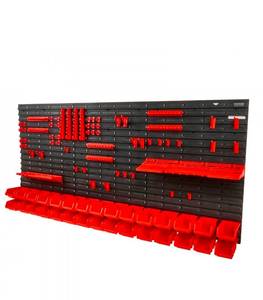 lot 19298 image: VEVOR Wall Mounted Storage Bins, 30-Bin Parts Rack Organizer Garage Plastic Shop Tool with Wall PanelsTool HoldersHooks, Tool Organizer for Nuts, Bolts, Screws, Nails, Beads, Buttons, Black and Red - Retail $53