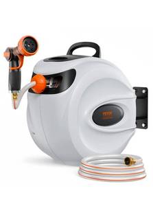 lot 19310 image: VEVOR Retractable Hose Reel, 84 ft x 58 inch, 180° Swivel Bracket Wall-Mounted, Garden Water Hose Reel with 9-Pattern Nozzle, Automatic Rewind, Lock at Any Length, and Slow Return System - Retail $128