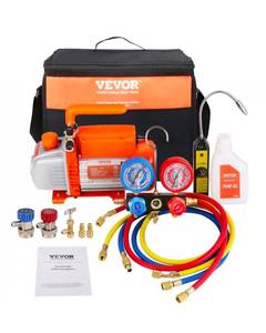 lot 19328 image: VEVOR 14 HP 4.5 CFM AC Vacuum Pump and Gauge Set, Single Stage Rotary Vane HVAC Air Vacuum Pump AC Refrigerant Kit Manifold Gauge Set, with Three-Color Hose Carry Bag, Applicable to R134a, R410a - Retail $149