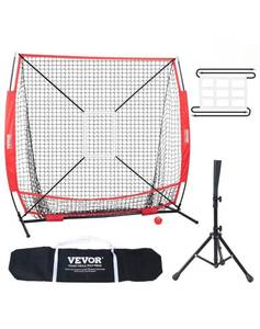 lot 19358 image: VEVOR 5x5 ft Baseball Softball Practice Net, Portable Baseball Training Net for Hitting Batting Catching Pitching, Backstop Baseball Equipment with Bow Frame, Carry Bag, Strike Zone, Ball, Batting Tee - Retail $57