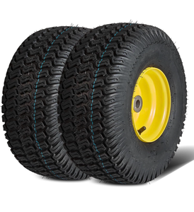 lot 19375 image: VEVOR Lawn Mower Tires with Rim, 15x6.00-6 Tubeless Lawn Tractor Tires, 2-Pack Tire and Wheel Assembly, S-Turf Pneumatic Tires, 3 Offset Hub, 34 Bushing Size, 16 PCS for Riding Mower Lawn Tractor - Retail $80