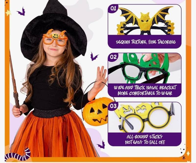 lot 59004 image: Halloween Eyeglasses 22 Pcs Novelty Toy Glasses Cosplay Halloween Party Favor Funny Glitter Funny Party - Retail $20