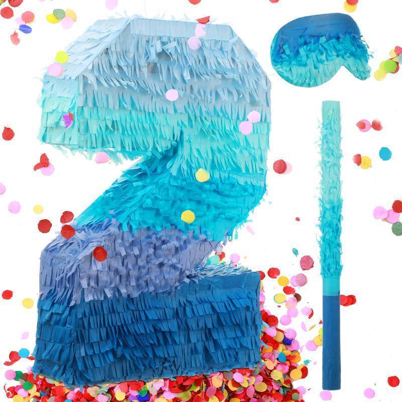 lot 64022 image: Sratte Number 1 2 3 4 5 6 7 8 9 Pi�ata with Stick Blindfold Confetti, Gradient Blue Pi�ata for Kids Boys Girls Birthday Party Anniversary Decorations Supplies(Number 2) - Retail $28