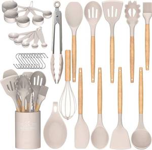 lot 46970 image: Chef Kitchen Cooking Utensils Set, 33 pcs Non-Stick Silicone Cooking Kitchen Utensils Spatula Set with Holder, Wooden Handle Silicone Kitchen Gadgets Utensil Set (Khaki) - Retail $25