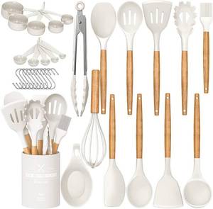 lot 46982 image: Chef Kitchen Cooking Utensils Set, 33 pcs Non-stick Silicone Cooking Kitchen Utensils Spatula Set with Holder, Wooden Handle Silicone Kitchen Gadgets Utensil Set (Cream White) - Retail $33