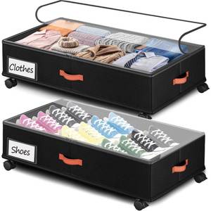 lot 46984 image: Under Bed Storage with Wheels 2-Pack, Under Bed Storage Containers 66L Clear Lids, Rolling Storage Drawers for Clothes Shoes Blankets, Underbed Organizer Bins(30 L x 16.2 W x 7.5 H) - Retail $28