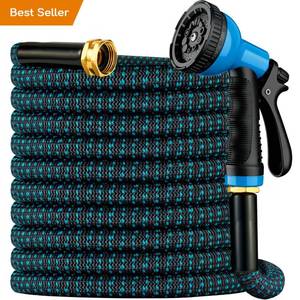 lot 46997 image: Expandable Garden Hose 75 ft with 10 Function Spray Nozzle, Flexible, Kink Free, Leak-Proof, Ultra Lightweight Retractable Stretch Water Hose 75ft for Yard, Lawn, Car Wash and Outdoor (Black & Blue) - Retail $20