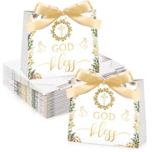 lot 46999 image: 50 Pack Baptism Gift Bags for Guests Gold God Bless Paper Gift Bags with Handles and Bow Ribbon for Baptism Guests Theme Party Favors Christenings Easter - Retail $30