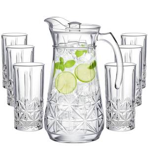 lot 47003 image: 7 Pcs Glasses Pitcher Drinkware Set 54oz Pitcher Carafe and 6 Tall Drinking Beverage Set, Jug with Lid and Spout for Juice, Iced Tea or Water(Crystle Style) - Retail $40
