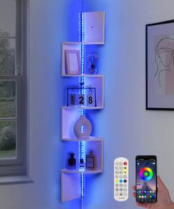 lot 47011 image: 5 Tiers Corner Shelf with RGB LED Lights, 49.2 Wall Mount Floating Corner Display Shelf for Living Room Bedroom Home Office Decor, APP & Remote Control (White) - Retail $46