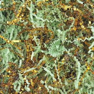 lot 47013 image: Crinkle Cut Paper Shred Filler 1 LB Gift Wrapping & Gift Basket Filler for Christmas,Halloween & Wedding Decorations,Easter Basket Grass Filler,Crafting Activities (Light green and gold) - Retail $19