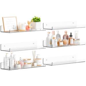 lot 47022 image: 6 Pack 15 Acrylic Shelves for Wall,Bathroom,Bedroom - with Adhesive - No Drilling Clear Floating Shelves for Funko Pop,Lego,Action Figures,Nail Polish,Perfume Shelf and Wall Storage & Display - Retail $20