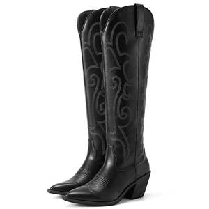 lot 47039 image: Cowboy Boots for Women Cowgirl Boots Embroidered Knee-High Western Boots Pointy Toe with Chunky Heel Black WZipper Size 9, Visible Use. - Retail $59