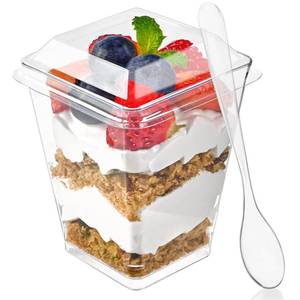lot 47043 image: 5 oz Small Dessert Cups with Lids and Spoons, 150 Pcs Serves 50 - Retail $15