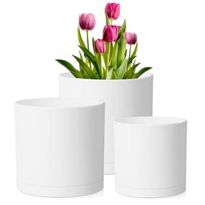 lot 47047 image: 876 inch Plant Pots, Set of 3 Cylinder Flower Pots for Outdoor Indoor Plants, Decorative Plastic Planters with Drainage Holes and Saucers for Garden House Plants, White - Retail $27