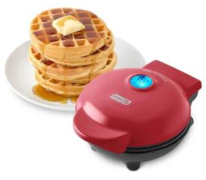 lot 47050 image: Dash Mini Waffle Maker, 4-Inch Nonstick Cooking Surface, Red, Front is Scratched - Retail $28
