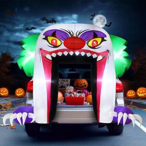 lot 47074 image: 6 FT Halloween Inflatables Clown Archway Outdoor Decorations, Trunk or Treat Blow Up Car Decorations with Built-in LEDs for Halloween Decor - Retail $2,177