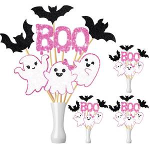 lot 47077 image: 36 Pcs Pink Halloween Party Decorations Glitter Pink Ghost Centerpiece Sticks Halloween Ghost Boo Bat Theme Table Decorations Sparkly Spooky Table Topper for Baby Shower Supplies - Retail $7