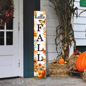 lot 47079 image: Hello Fall Porch Sign Autumn Pumpkin Maple Leaf Welcome Sign Vertical Standing Sign For Front Porch Decor Farmhouse Hanging Wall Sign for Patio Yard Party Indoor Outdoor Thanksgiving Decoration 47.2H. DAMAGED. - Retail $26