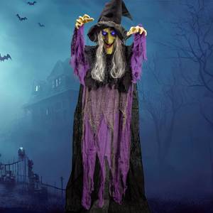 lot 47083 image: 72 Halloween Hanging Witch Decorations Outdoor, Flying Talking Ghost Decor Light Up Eyes Sound Activated, Outside Indoor Haunted House Prop for Lawn Yard Garden, Purple - Retail $25