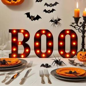 lot 47085 image: Halloween LED Marquee Letters BOO Set - 3 Pcs Black Alphabet Lights with Orange Glow, Perfect for Halloween, Christmas,Birthday Party, Bar Decor, Battery - Operated Ambience Lamps - Retail $20
