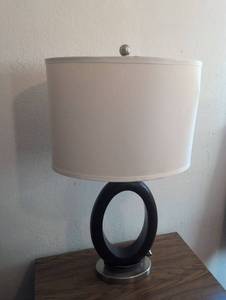 lot 132 image: Table Lamp with Oval Wood Base and Cream Drum Shade
