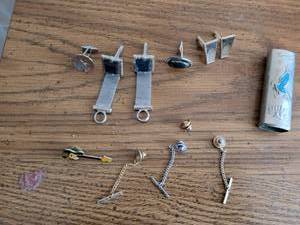 lot 153 image: Mens Jewelry Lot Cufflinks Tie Tacks Lapel Pin Lighter Case Mixed Pieces