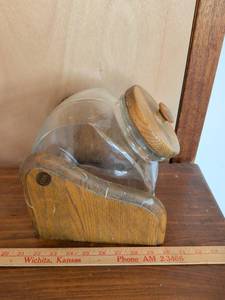 lot 205 image: Glass Jar with Wood Cradle Rocker Base and Lid