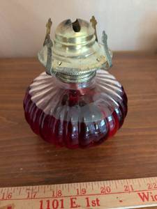 lot 241 image: Red Glass Oil Lamp with Brass Burner and Handles