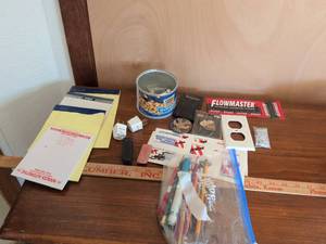 lot 246 image: Mixed Lot Flowmaster Decals, NSRA Stickers, Harley-Davidson Pin, Notepads, Hardware, Rulers