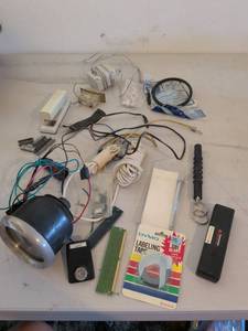 lot 490 image: Electronics Components Lot - Tachometer, Transformers, Relays, Cables, DYMO Tape