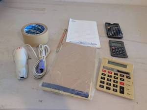 lot 492 image: Lot of 3 Calculators, Computer Mouse, Tape, and Office Supplies