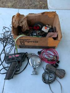 lot 788 image: Vintage Automotive Electrical Accessories Lot Lights Cables Charger Box