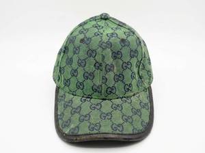 lot 58469 image: Gucci Green GG Monogram Baseball Cap w Black Leather