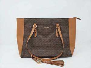 lot 62737 image: Michael Kors Signature Tote Bag Brown Leather Handles