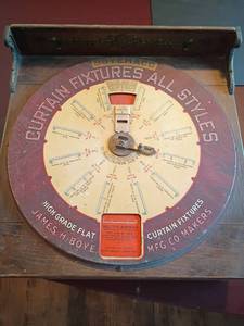 lot 907 image: Vintage 1920s Wooden Curtain Fixtures Selector Box with  Bottom Storage.   From the James H. Boye Manufacturing Company.  9 x 16 x 16