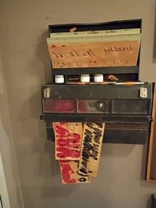 lot 912 image: Vintage 1920s Sign Making Stencil Set.  Comes with ink wells or paint pots, stencils and brushes.   Approximately 27 x 25 x 6