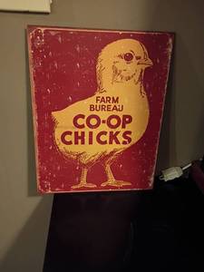 lot 916 image: Metal Farm Bureau CO-OP Chicks Sign.  16 x 12