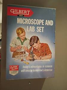 lot 917 image: Vintage Gilbert Microscope and Lab Set.  Metal Box.  14 x 10 x 4