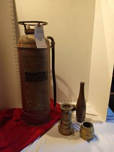 lot 924 image: Vintage Brass Fire Extinguisher with Various Hose Parts
